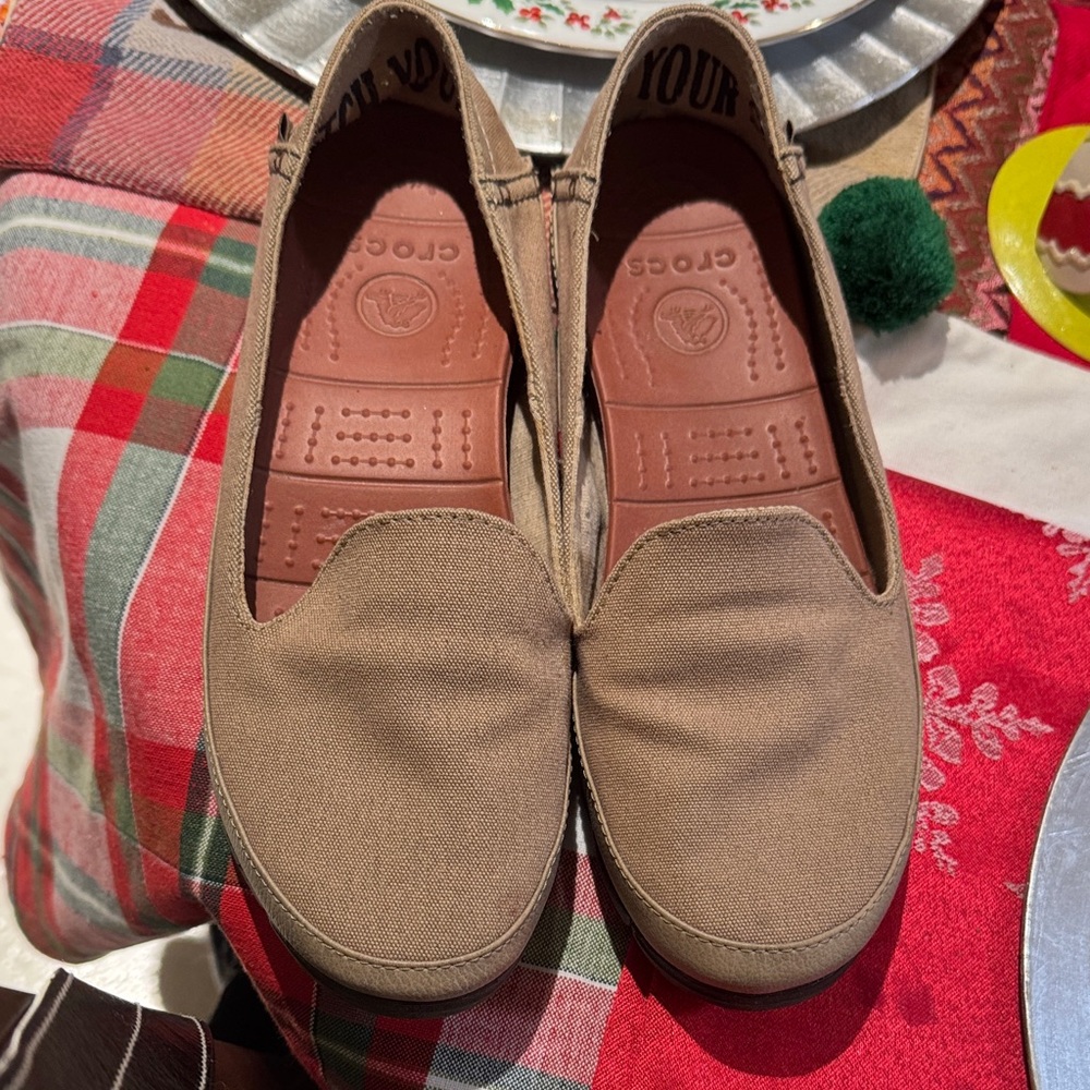 CROCS Brown Canvas Slip-Ons